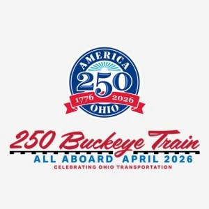 The America 250 Ohio and 250 Buckeye Train logos.