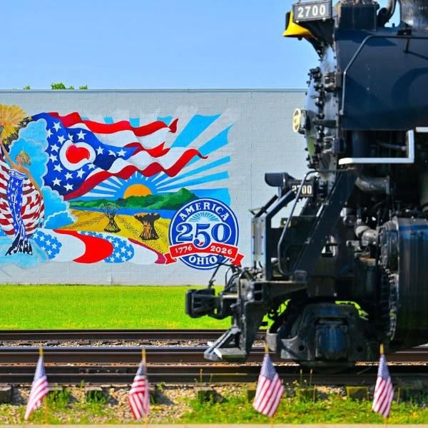 Black train pulling into the station with a mural in the background on a wall