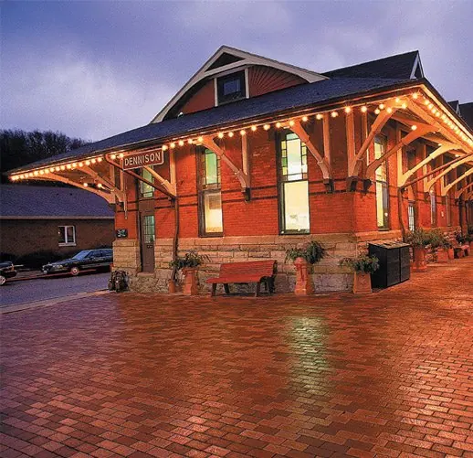 Dennison Depot Museum lit up at night