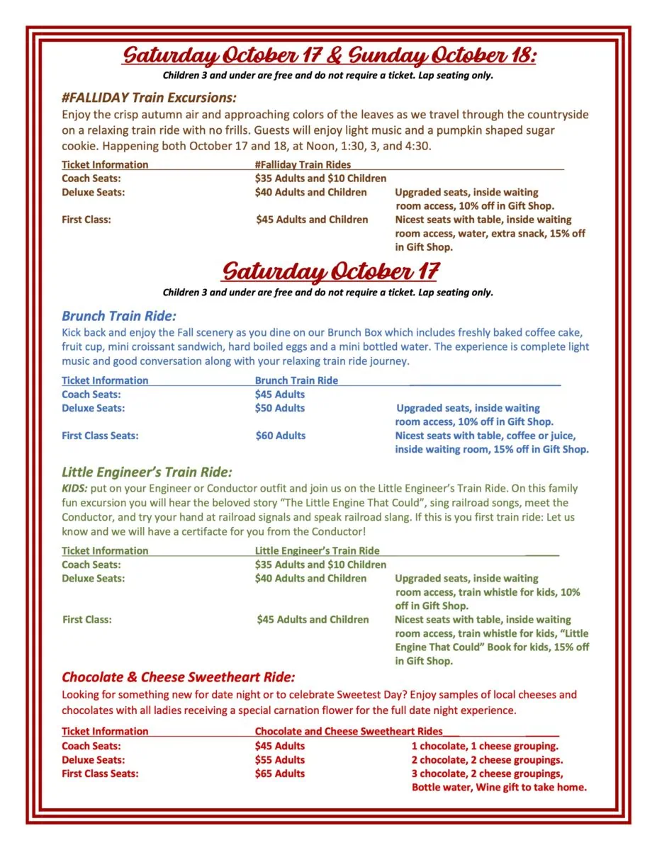 Falliday Train Ride flyer with information about excursions