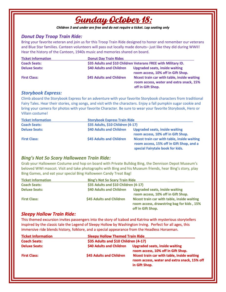 Falliday Train Ride flyer with information about four excursions