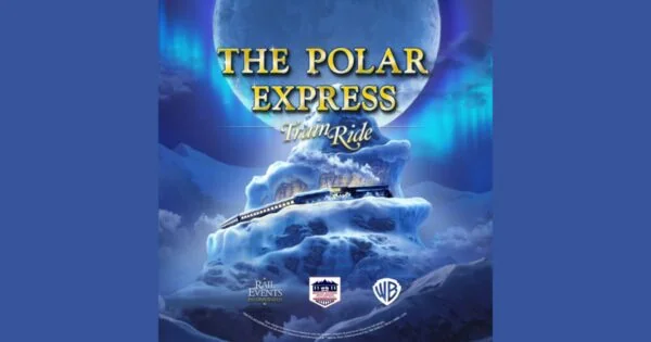 Polar Express Train Ride 2026 advertisement featuring the Polar Express train.
