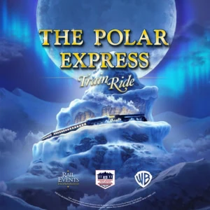Polar Express Train Ride 2026 advertisement featuring the Polar Express train.