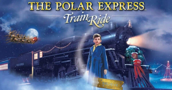 An illustrated advertisement for The Polar Express Train Ride featuring a train, young boy, and Santa with his sleigh and reindeer in the sky.