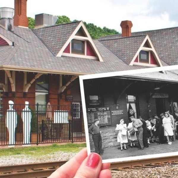 Vintage picture of Dennison Depot overlaying current depot